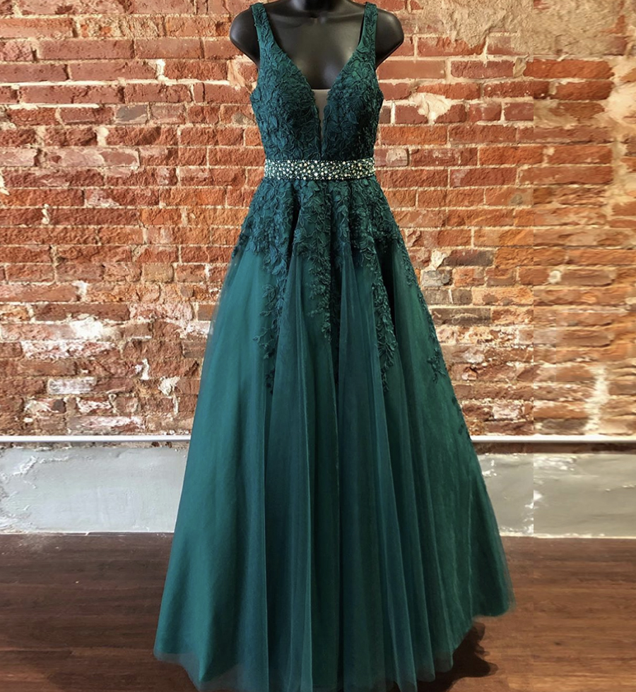 Green lace tulle long prom dress formal dress
