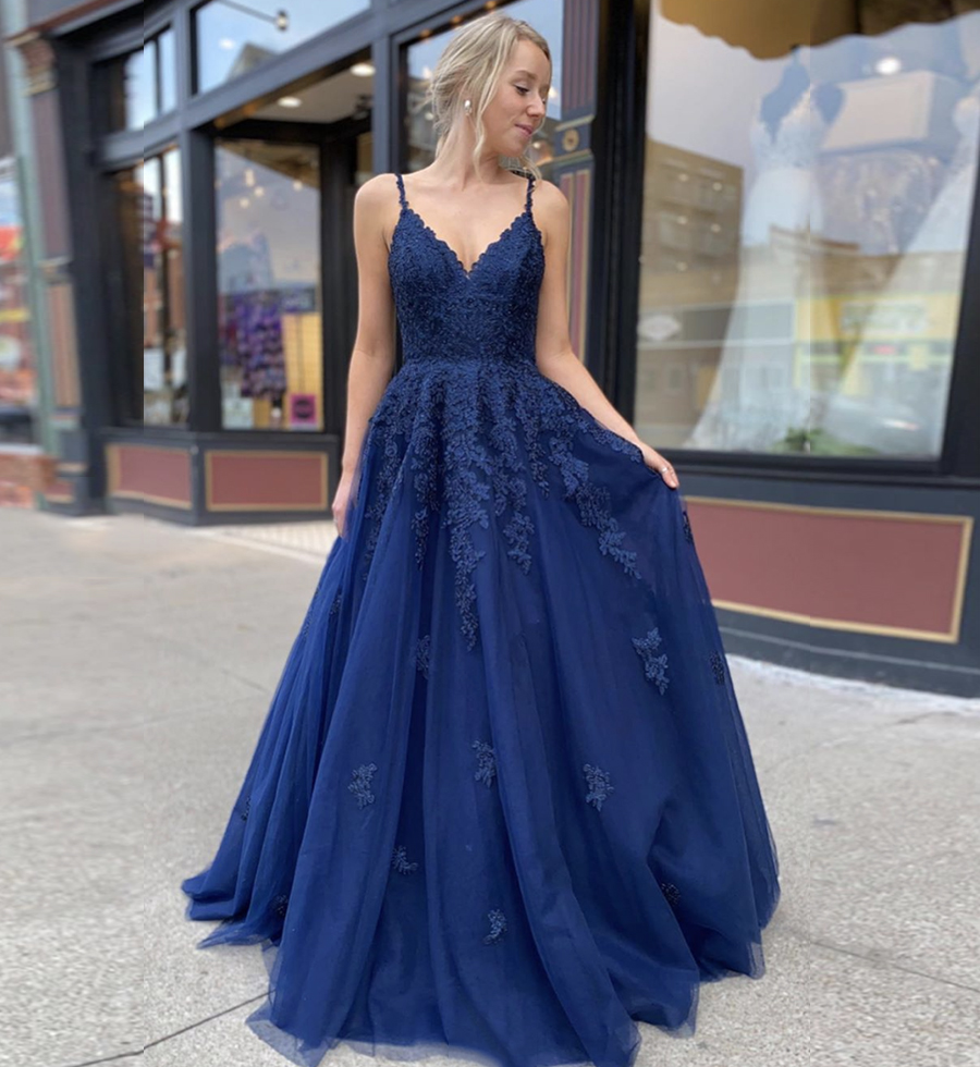 Blue tulle lace prom dress blue evening dress