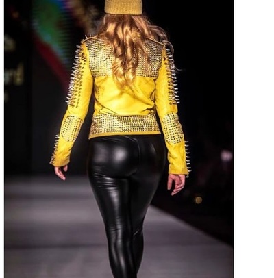 Handmade Women's Yellow Fashion Studded Punk Style Leather Jacket