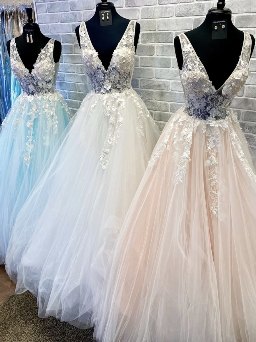 A line v neck tulle lace prom dress evening dress