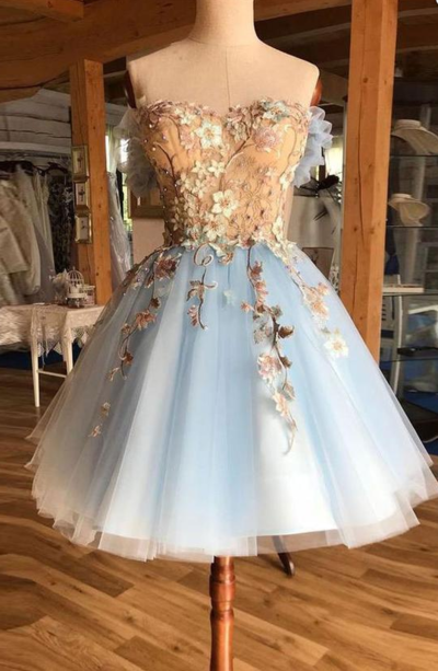 Off Shoulder Cute Above-Knee Light Blue Homecoming Prom Dress with Appliques