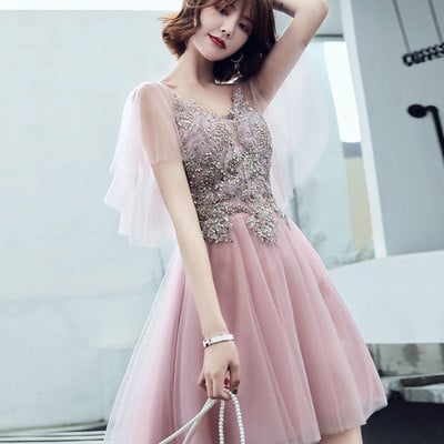 Pink v neck tulle lace short prom dress, cocktail dress - Thumbnail 4