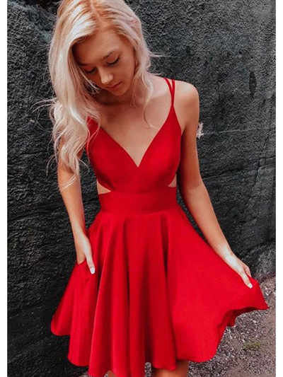 Cute V Neck Spaghetti Straps Red Short Homecoming Dresses,Short Prom Dresses,2020 Hoco Dresses