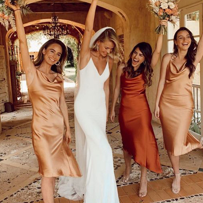 Romantic sheath cowl neck spaghetti straps silk satin bridesmaid dresses - Thumbnail 3