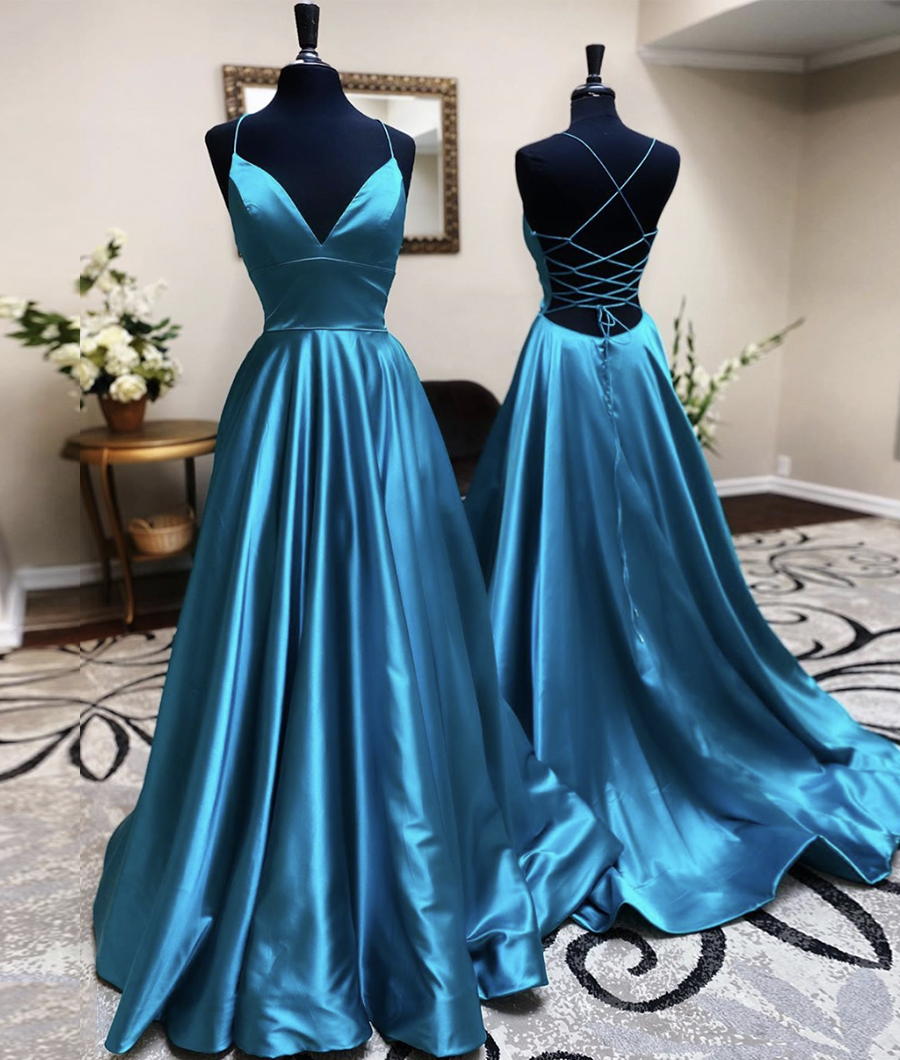 Blue satin long prom dress simple evening dress