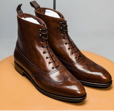 Handmade Men's Ankle High Boot, Men's Brown Leather Wing Tip Lace Up Casual Boot.