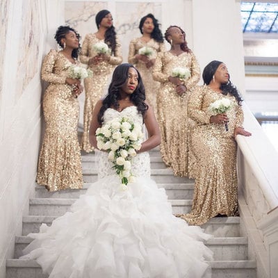 Gold mermaid bridesmaid dresses with long sleeves - Thumbnail 3