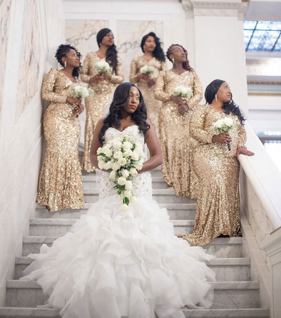 Gold Mermaid Bridesmaid Dresses with Long Sleeves