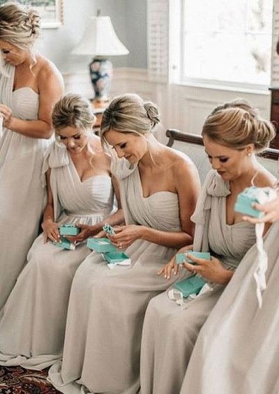 One Shoulder Chiffon Bridesmaid Dresses with Bowknot