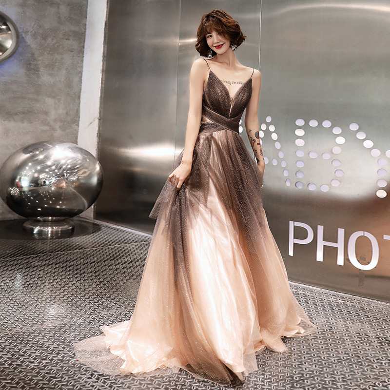 Stylish v neck tulle sequins prom dress evening dress