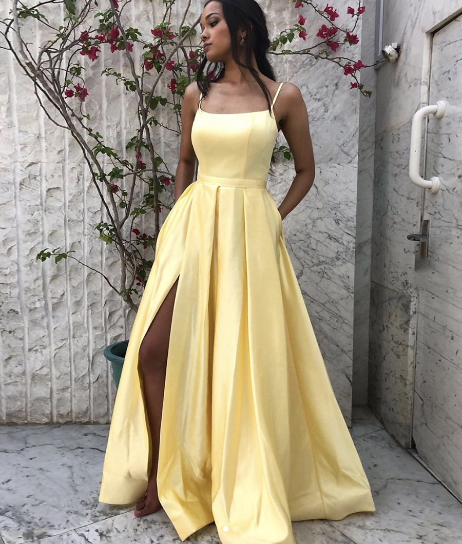 yellow satin long prom dress party dress