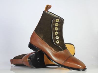 Handmade Men's Fashion brown Leather Suede Cap toe Buttons Top Boots