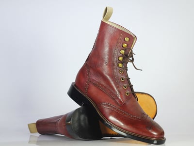 Handmade Men's Fashion Burgundy Wing tip Pebbled Leather Ankle Lace Up Boots