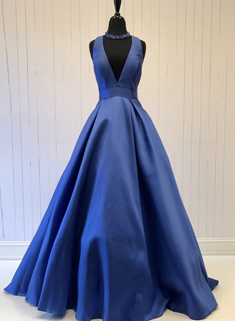 Blue v neck satin prom dress blue evening dress