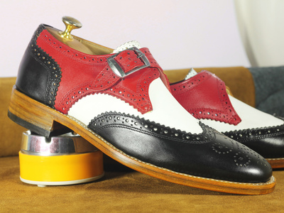 Handmade Multi Color Wing Tip Shoes Stylish Leather Monk Shoes For Men's