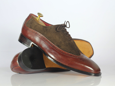 Handmade Brown Leather Suede Wing Tip Shoes Stylish Lace Up Shoes For Men's