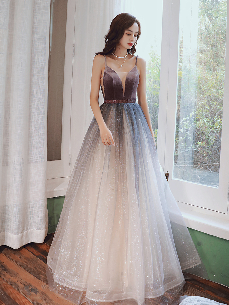 A line velvet tulle long prom dress evening dress
