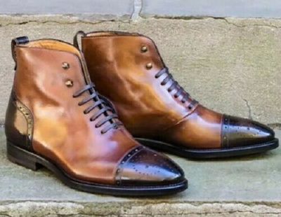 Pure Handmade Tan Shaded Genuine Leather Lace up Boots for Men's