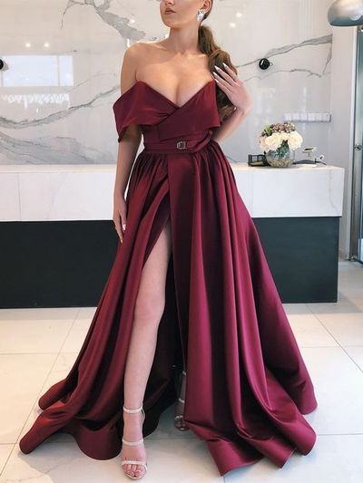 Stunning Ball Gown Off the Shoulder Open Back Burgundy Satin Long Prom Dresses with Belt Split,Formal Evening Party Dresses