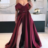 Stunning Ball Gown Off the Shoulder Open Back Burgundy Satin Long Prom Dresses with Belt Split,Formal Evening Party Dresses  - Thumbnail 1