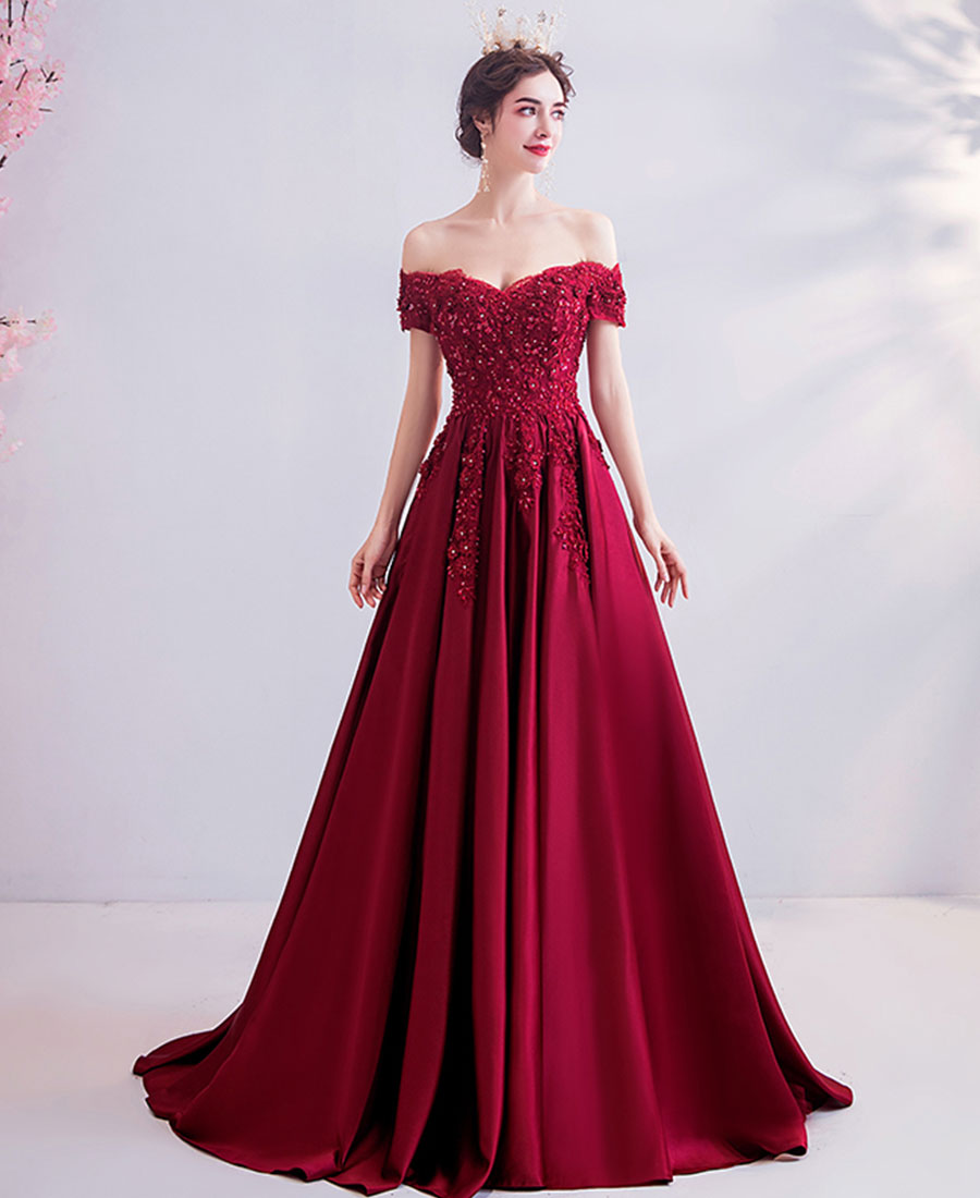 Burgundy lace long prom dress evening dress