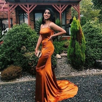 Spaghetti Straps Burnt Orange Prom Dresses