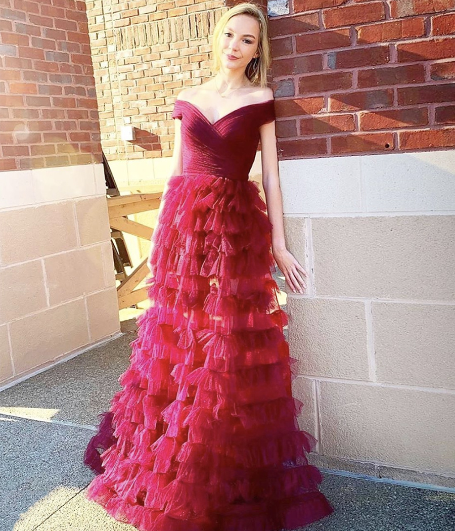 Burgundy tulle long prom dress formal dress
