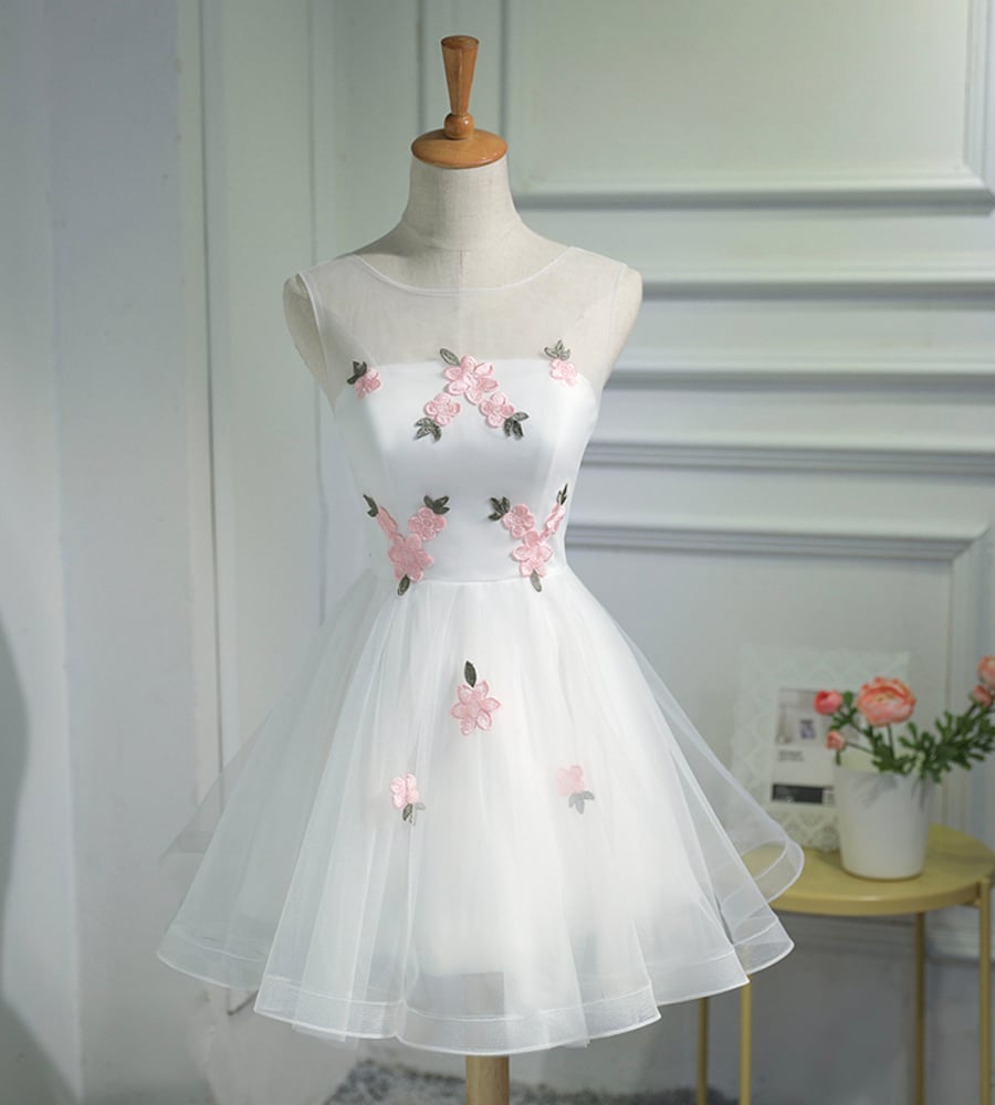 White tulle applique short prom dress hoco dress