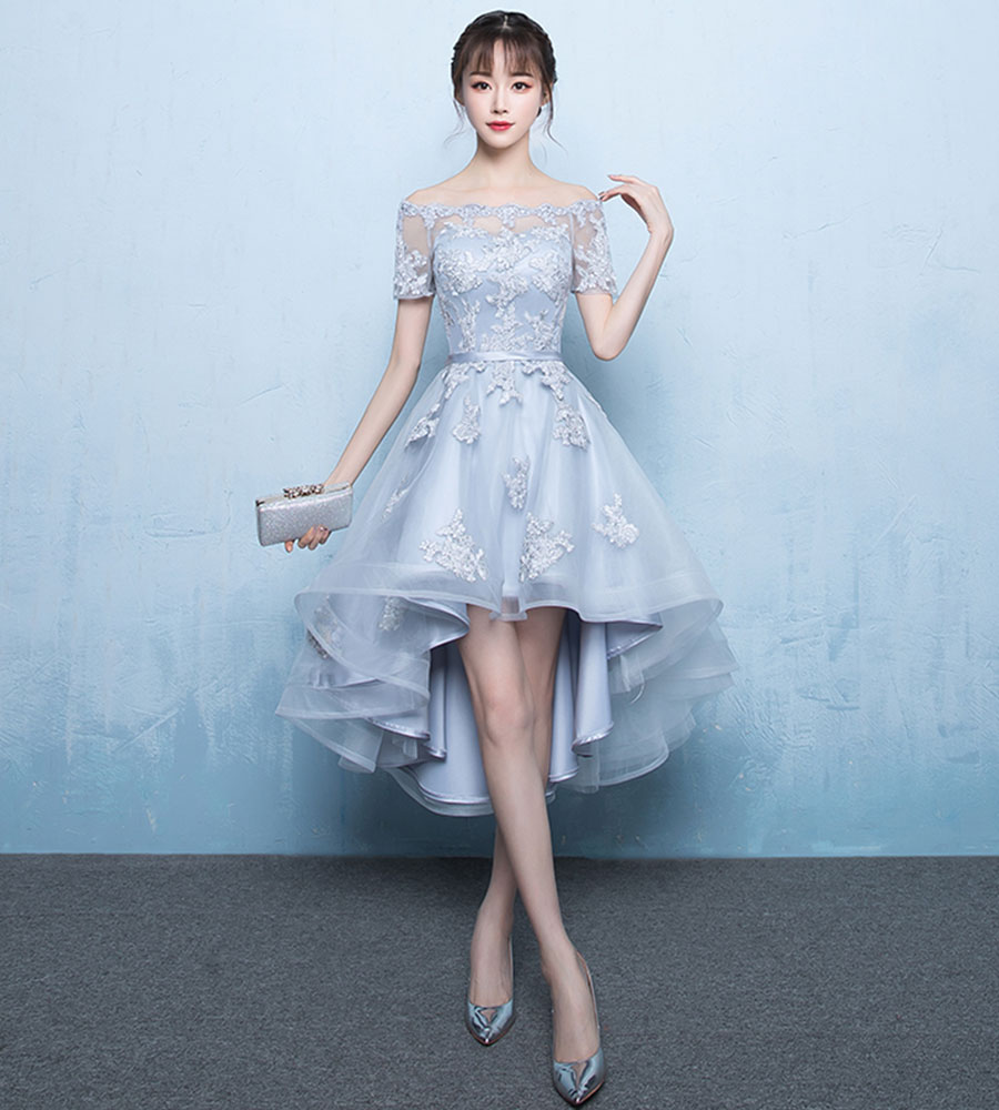 Cute lace short prom dress gray evening dress