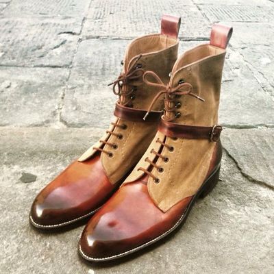 Handmade Men Customize Best Brown Beige High Ankle Fastening Formal Boot