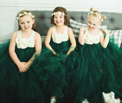 Straps Green Flower Girl Dresses Tulle with handmade Flowers