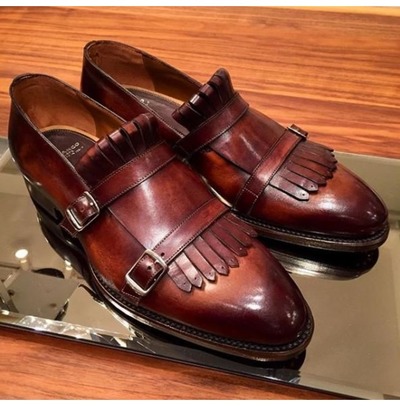 Handmade Men Double Monk Strap Fringes Cap Toe Dress Shoes, Real Leather