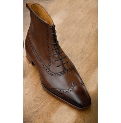 Handmade Men Wing Tip Brogue Ankle Boot Brown Leather Boots Lace Up