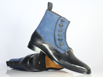 Handmade Men's Black & Blue Ankle Boot, Men's Leather Suede Button Top Boot
