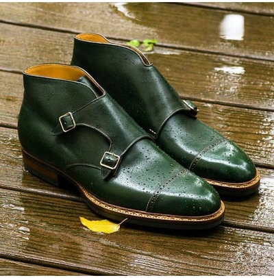 Men,S Handmade Green Leather Monk Strap Shoes Shoes Custom