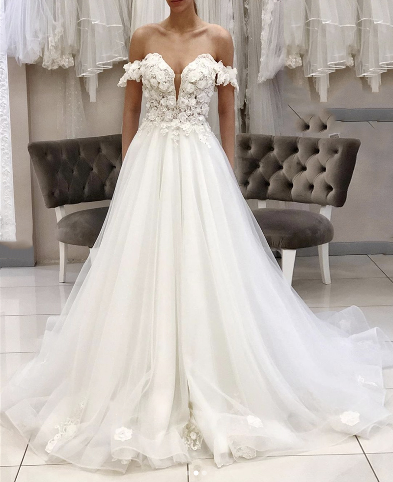 White tulle applique long prom dress formal dress