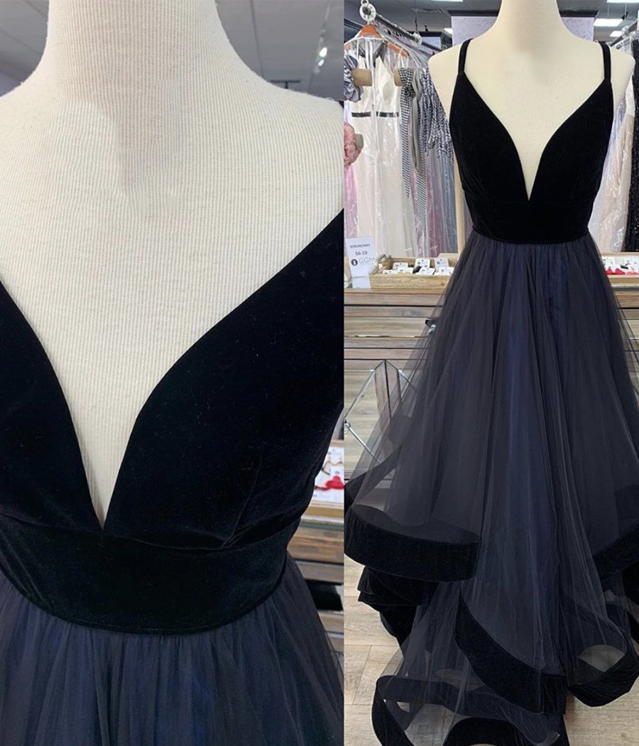 Blue velvet tulle long prom dress evening dress