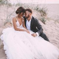 A-Line Tulle V Neck Wedding Dress Lace Appliques V Back Bohemian Wedding Dress for Beach - Thumbnail 1