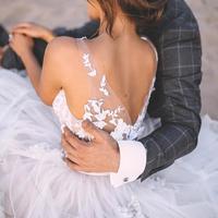 A-Line Tulle V Neck Wedding Dress Lace Appliques V Back Bohemian Wedding Dress for Beach - Thumbnail 2