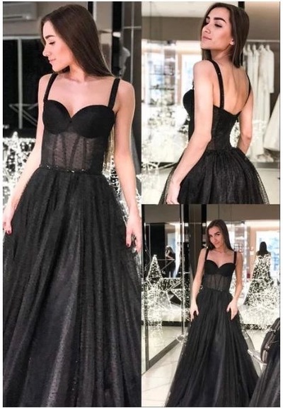 Straps Black Long Prom Dresses for Women