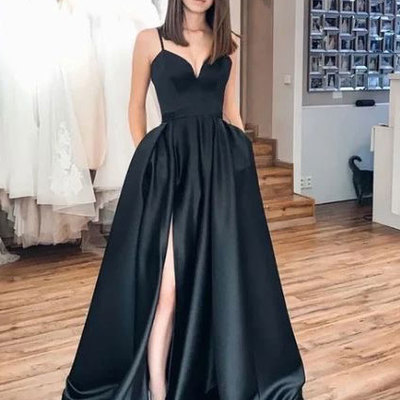 Spaghetti straps black prom dresses with slit side - Thumbnail 3