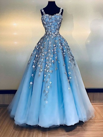 Straps Blue Prom Dresses Pageant Gowns with Flowers