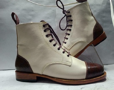 Handmade Men's Ankle High Brown White Boots, Men Cap Toe Leather Lace Up Boots
