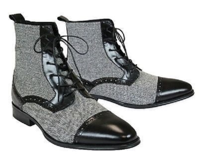 Handmade Men two tone cap toe boots, Men Black and Gray ankle lace up boots