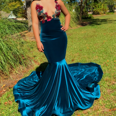 Sexy mermaid teal prom dresses,v neck trumpet velvet evening/prom dresses - Thumbnail 5