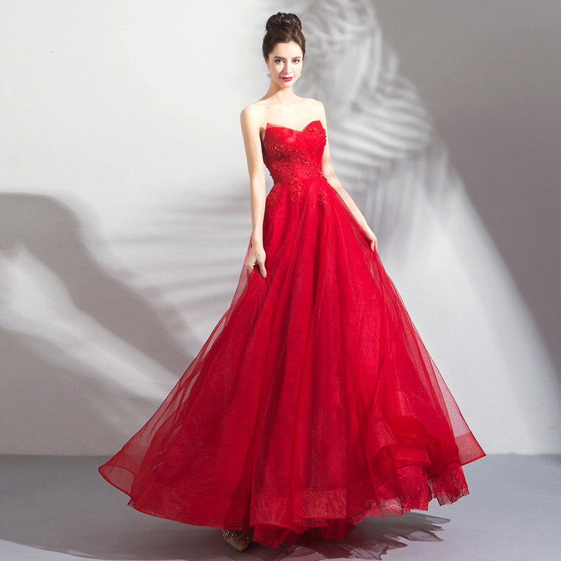 Red tulle long prom dress red evening dress