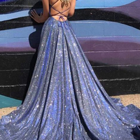 Sparkly Satin Royal Blue Split Prom Dresses, Spaghetti Straps Cross Back Prom Dresses with Pockets - Thumbnail 2