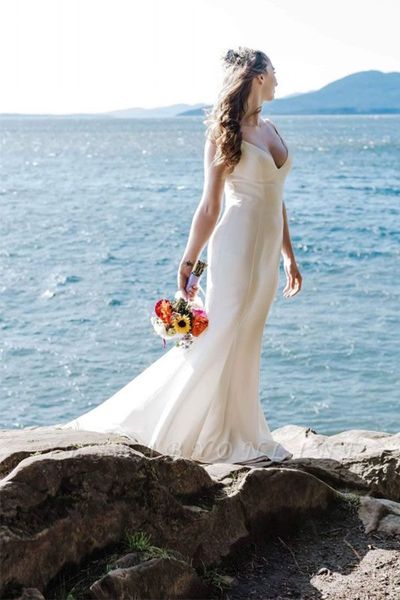 Straps V Neck Sleeveless Mermaid Ruffles Wedding Dresses | Floor Length Bridal Gown