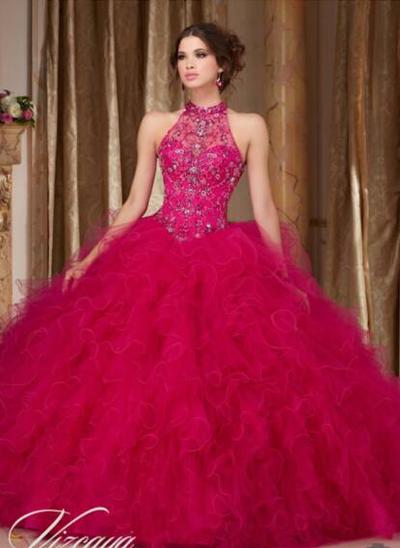 High Neck Fuchsia Princess Dresses Pageant Dresses Prom Dress