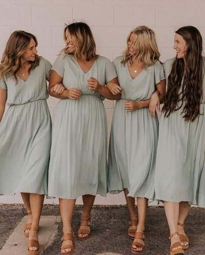 V Neck Tea Length Bridesmaid Dresses for Wedding Party
